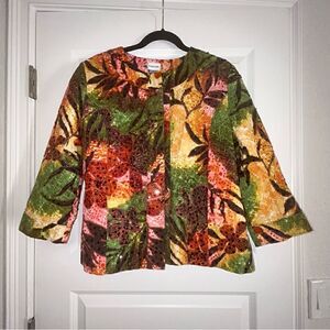 Chico’s Floral Print Sequins Embellished 3/4 Sleeve Snap Button Front Jacket